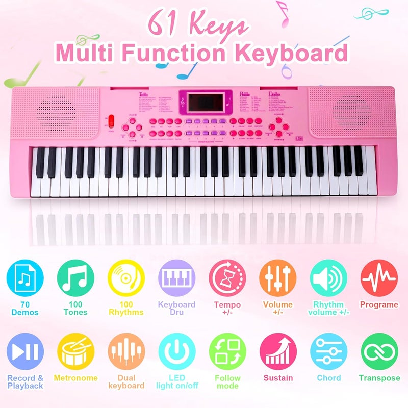 Pitowl Kids Keyboard Piano, 61 Light-up Key Electric Piano Musical Learning Toy for Beginners with Microphone, Music Stand, Notekey Sticker, Birthday Xmas Gift for 3-10 Years Old, Pink - Image 3